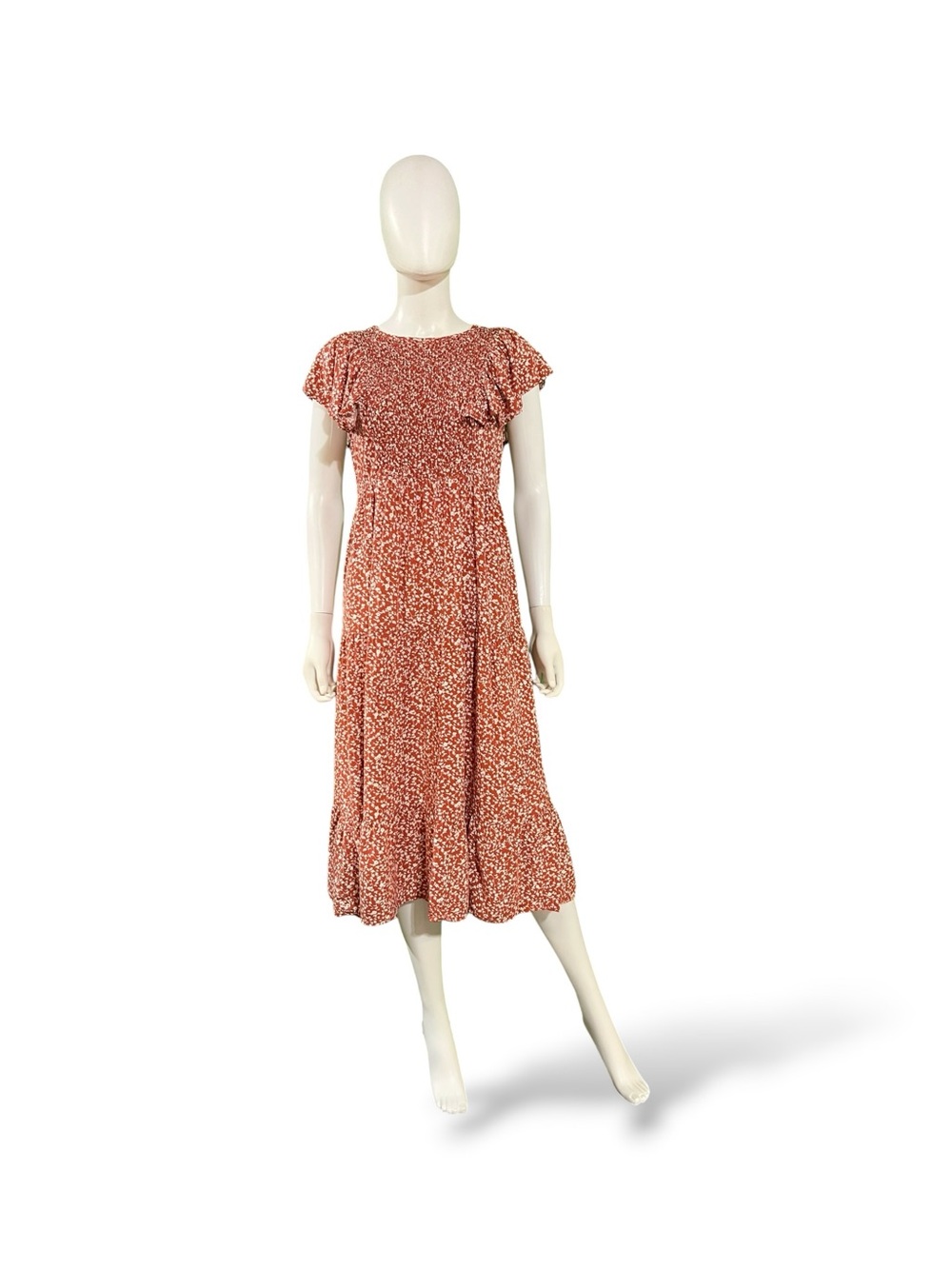 Old Navy Rust Orange Floral Midi Dress with Ruffle Sleeves, Medium